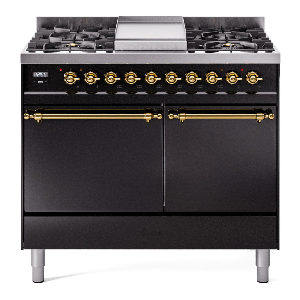 Glossy black 40-inch dual fuel range with brass-trim control knobs and burners