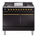 ILVE 40-Inch Nostalgie II Propane Gas Dual Fuel Range with 6 Burners, Griddle and Solid Door Oven in Glossy Black with Brass Trim (UPD40FQNMPBKGLP)