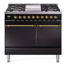 ILVE 40-Inch Nostalgie II Natural Gas Dual Fuel Range with 6 Burners, Griddle and Solid Door Oven in Glossy Black with Brass Trim (UPD40FQNMPBKG)