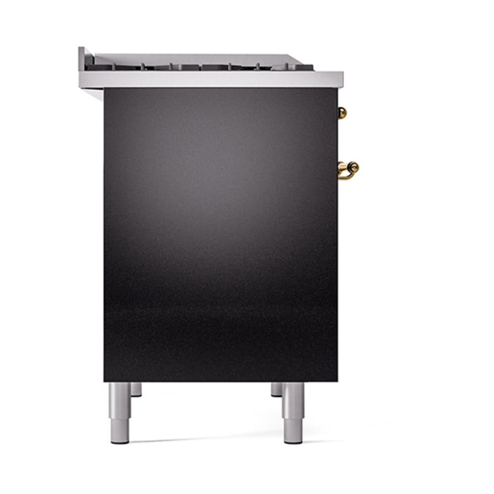 Glossy black griddle panel with brass handles and leveling legs