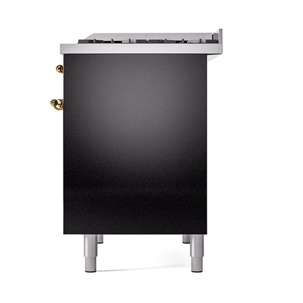 Glossy black griddle panel with brass side handles and leveling legs