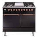 ILVE 40-Inch Nostalgie II Propane Gas Dual Fuel Range with 6 Burners, Griddle and Solid Door Oven in Glossy Black with Copper Trim (UPD40FQNMPBKPLP)