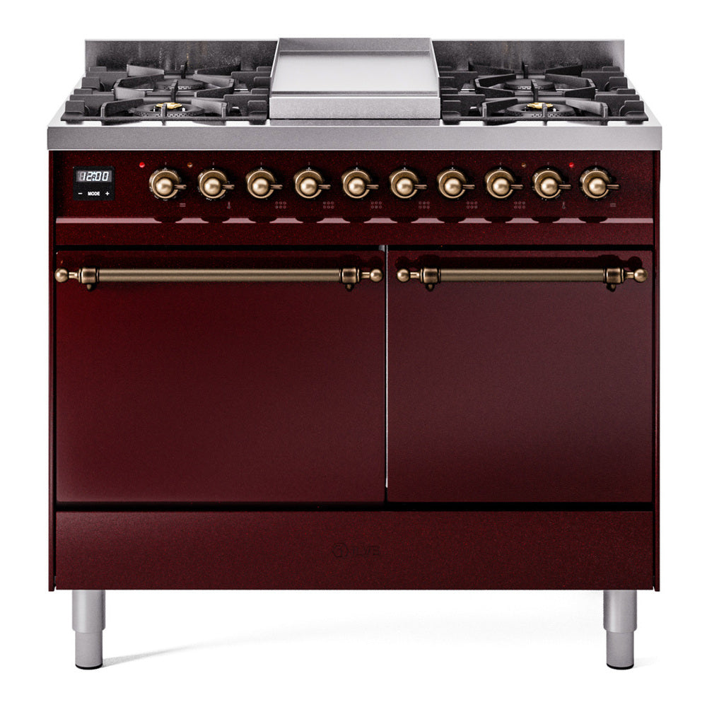 Burgundy dual fuel gas range with bronze knobs, griddle, and double solid door oven