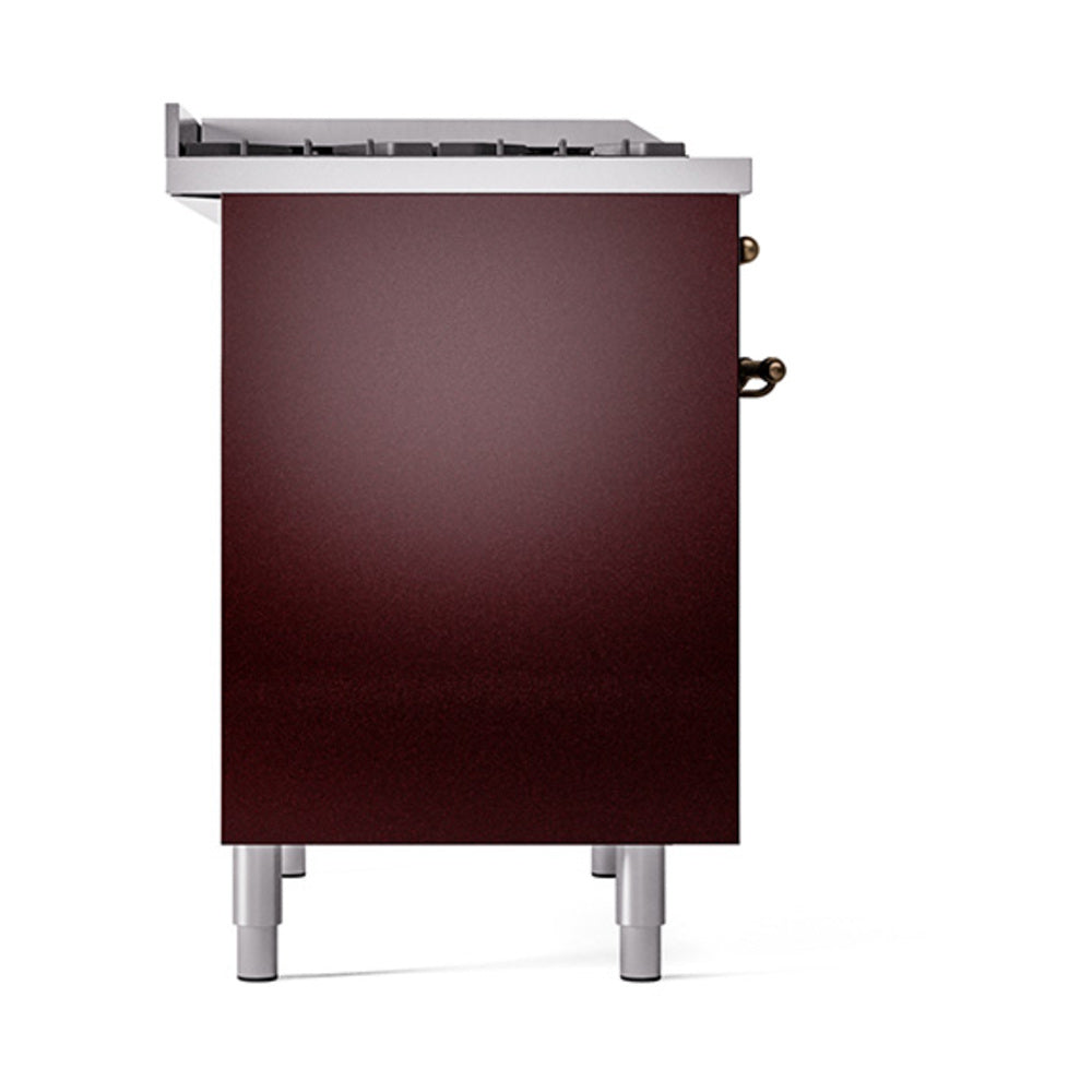 Burgundy range end panel with side trim, brass knobs, and leveling legs