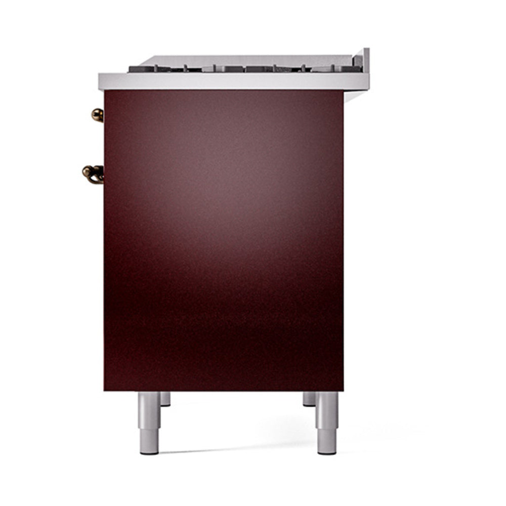 Burgundy end panel of a dual fuel gas range with bronze handle hardware and legs