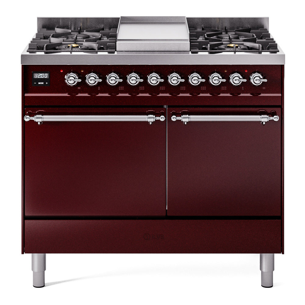 Burgundy gas range with chrome trim, control knobs, burners and griddle