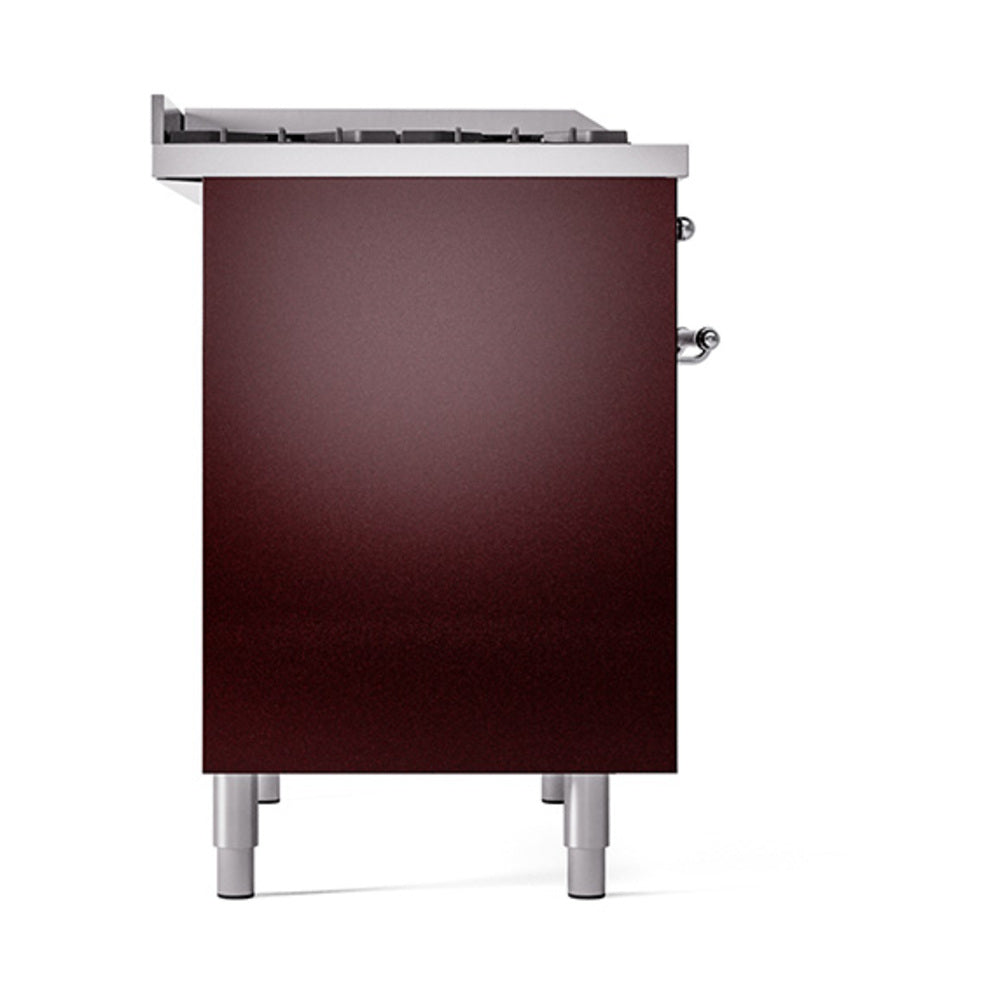 Burgundy oven door panel with chrome hinges and stovetop griddle above