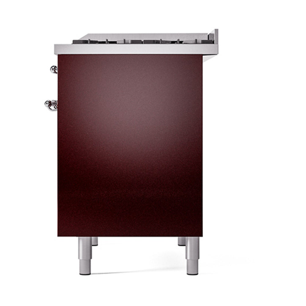 Burgundy gas range end panel with chrome handle and trim