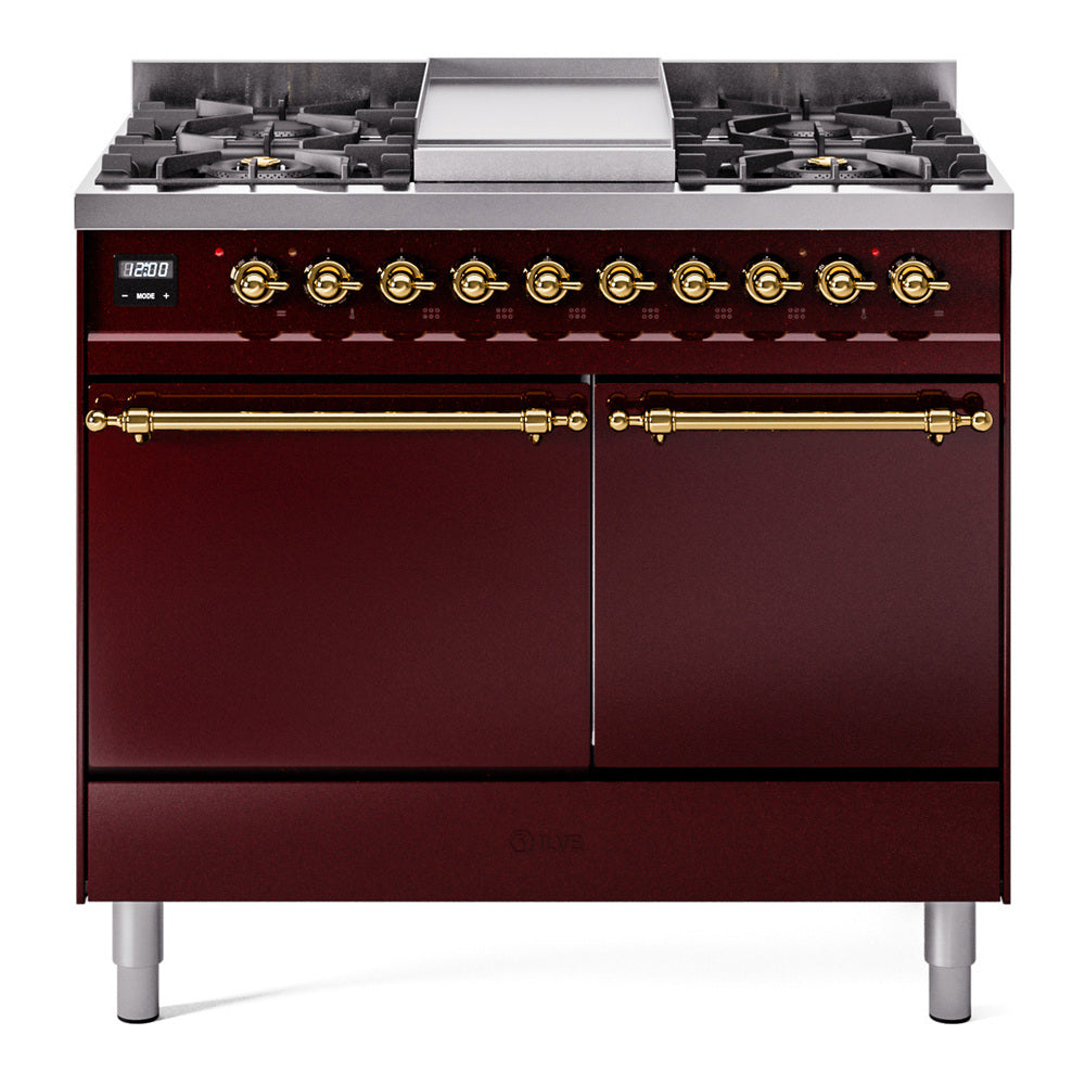 Burgundy 6-burner gas range with brass knobs, griddle, and double solid door oven