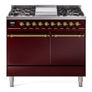 ILVE 40-Inch Nostalgie II Propane Gas Dual Fuel Range with 6 Burners, Griddle and Solid Door Oven in Burgundy with Brass Trim (UPD40FQNMPBUGLP)