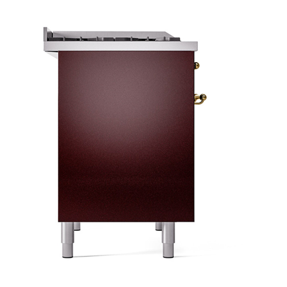 Burgundy solid door oven with brass side handles and raised front trim