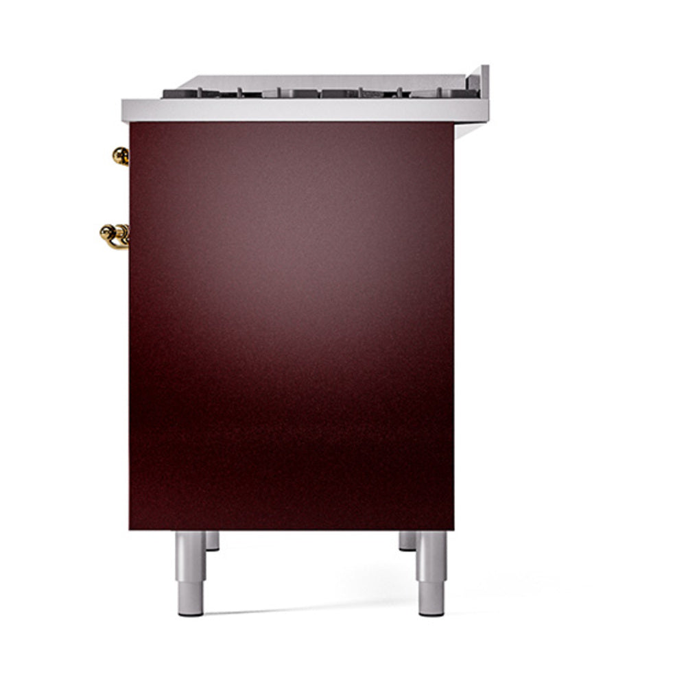 Burgundy solid griddle door with brass handle knobs on a dual fuel range