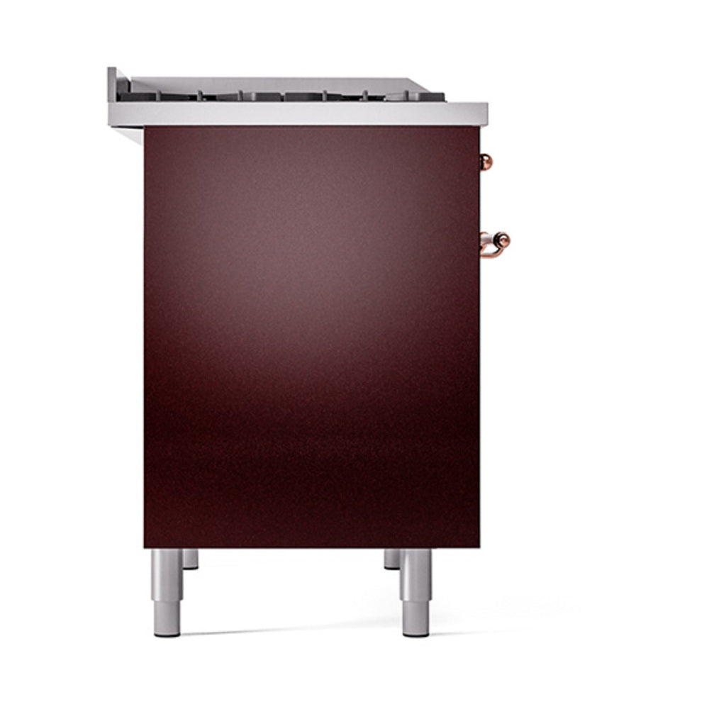 Burgundy range with solid door panel and copper control knobs, side view