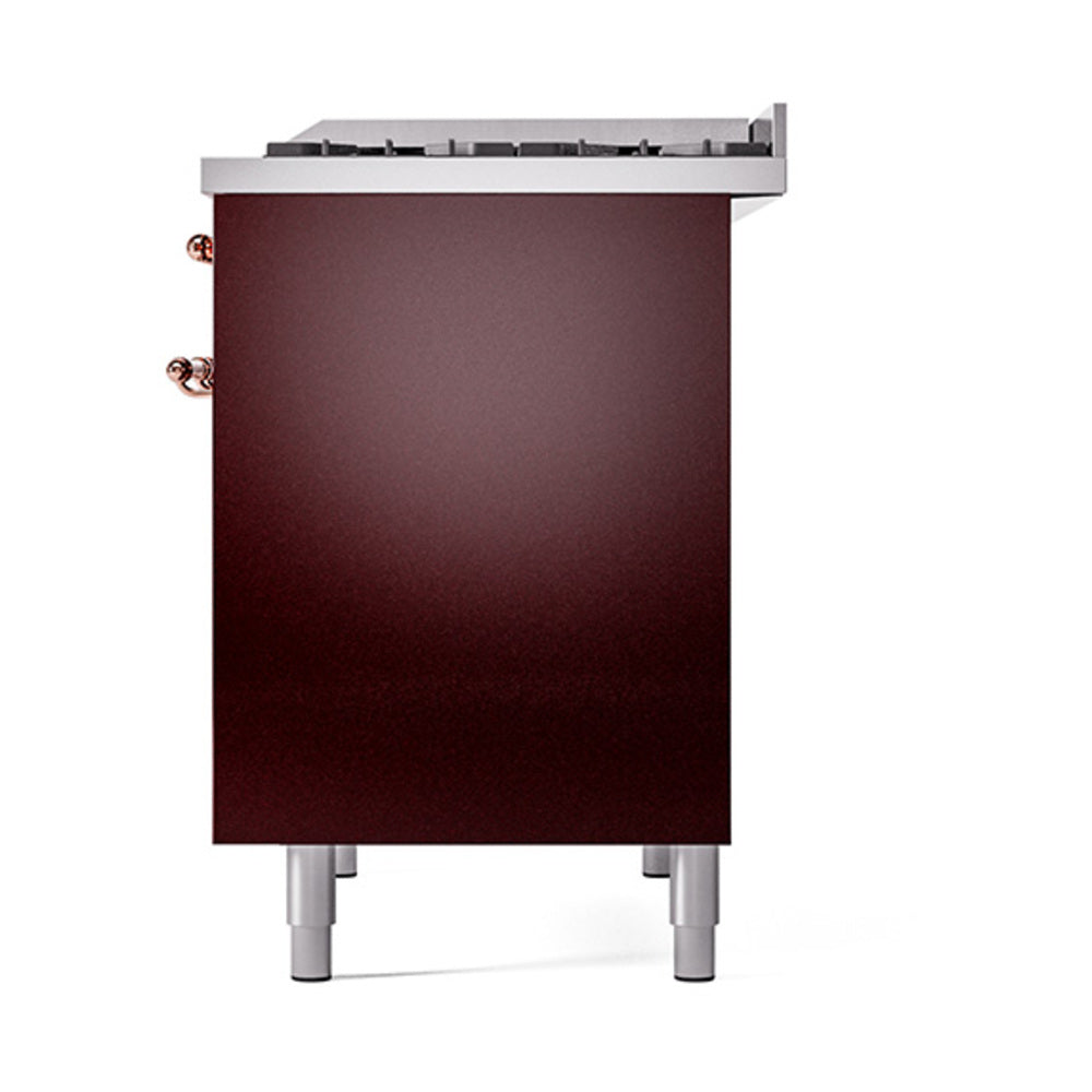 Burgundy range with solid door panel and copper knobs, rear-side view
