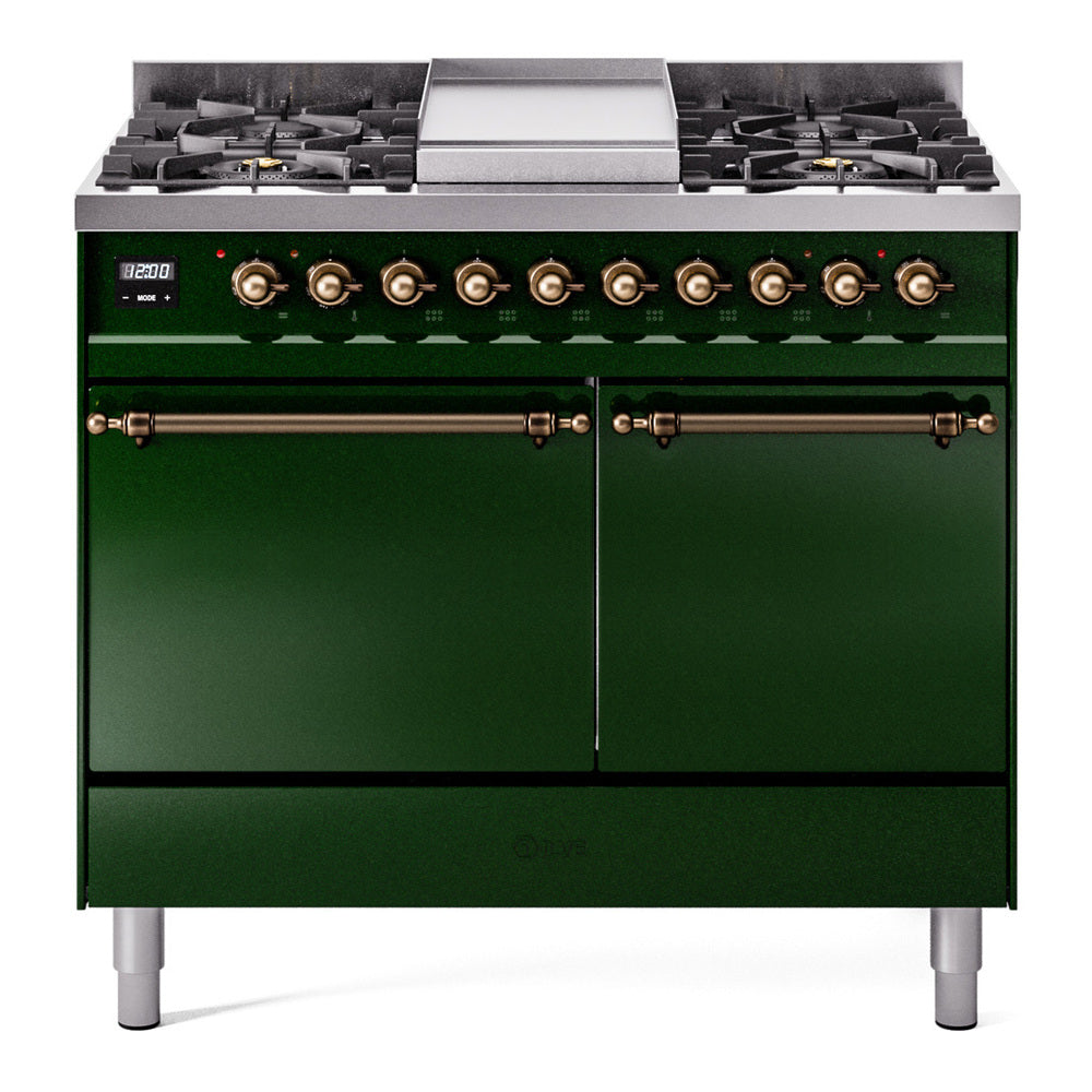 Emerald green dual fuel range with six burners, griddle, and solid-door oven
