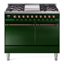 ILVE 40-Inch Nostalgie II Natural Gas Dual Fuel Range with 6 Burners, Griddle and Solid Door Oven in Emerald Green with Bronze Trim (UPD40FQNMPEGB)