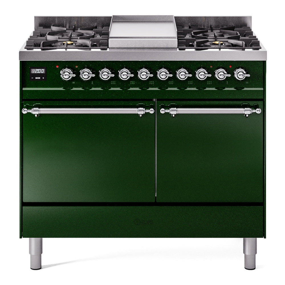 Emerald green gas range with chrome knobs, griddle, and dual fuel burners