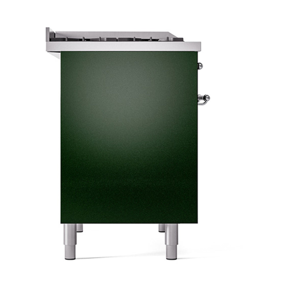 Emerald green griddle cover on legs with chrome control knobs, front view