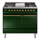 ILVE 40-Inch Nostalgie II Natural Gas Dual Fuel Range with 6 Burners, Griddle and Solid Door Oven in Emerald Green with Brass Trim (UPD40FQNMPEGG)