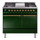 ILVE 40-Inch Nostalgie II Propane Gas Dual Fuel Range with 6 Burners, Griddle and Solid Door Oven in Emerald Green with Brass Trim (UPD40FQNMPEGGLP)