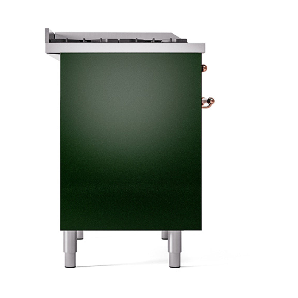 Emerald green solid door oven with copper knobs on a dual-fuel range