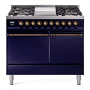 ILVE 40-Inch Nostalgie II Natural Gas Dual Fuel Range with 6 Burners, Griddle and Solid Door Oven in Midnight Blue with Bronze Trim (UPD40FQNMPMBB)