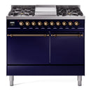 ILVE 40-Inch Nostalgie II Propane Gas Dual Fuel Range with 6 Burners, Griddle and Solid Door Oven in Midnight Blue with Bronze Trim (UPD40FQNMPMBBLP)