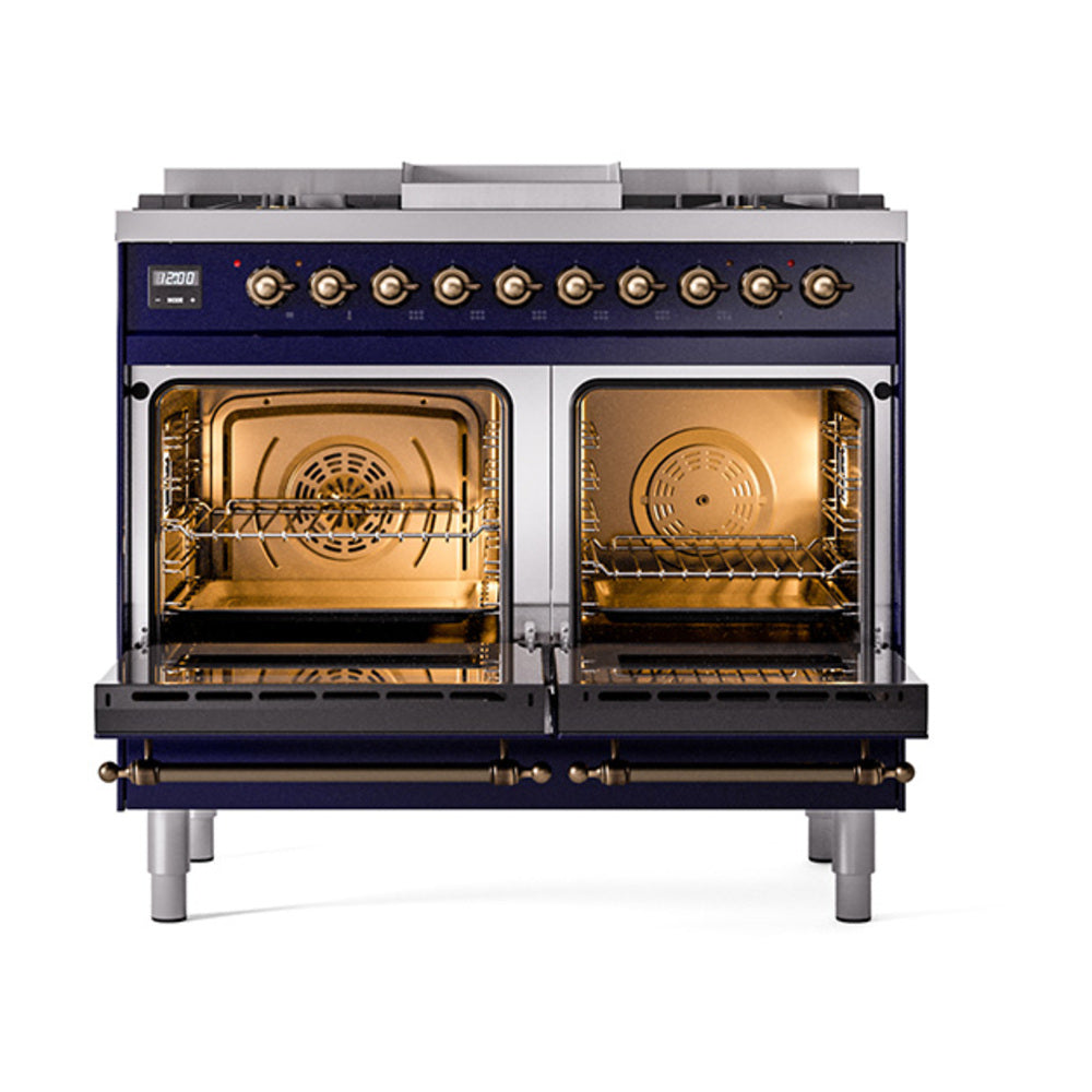 Midnight blue gas range with two open ovens showing racks and round back vents