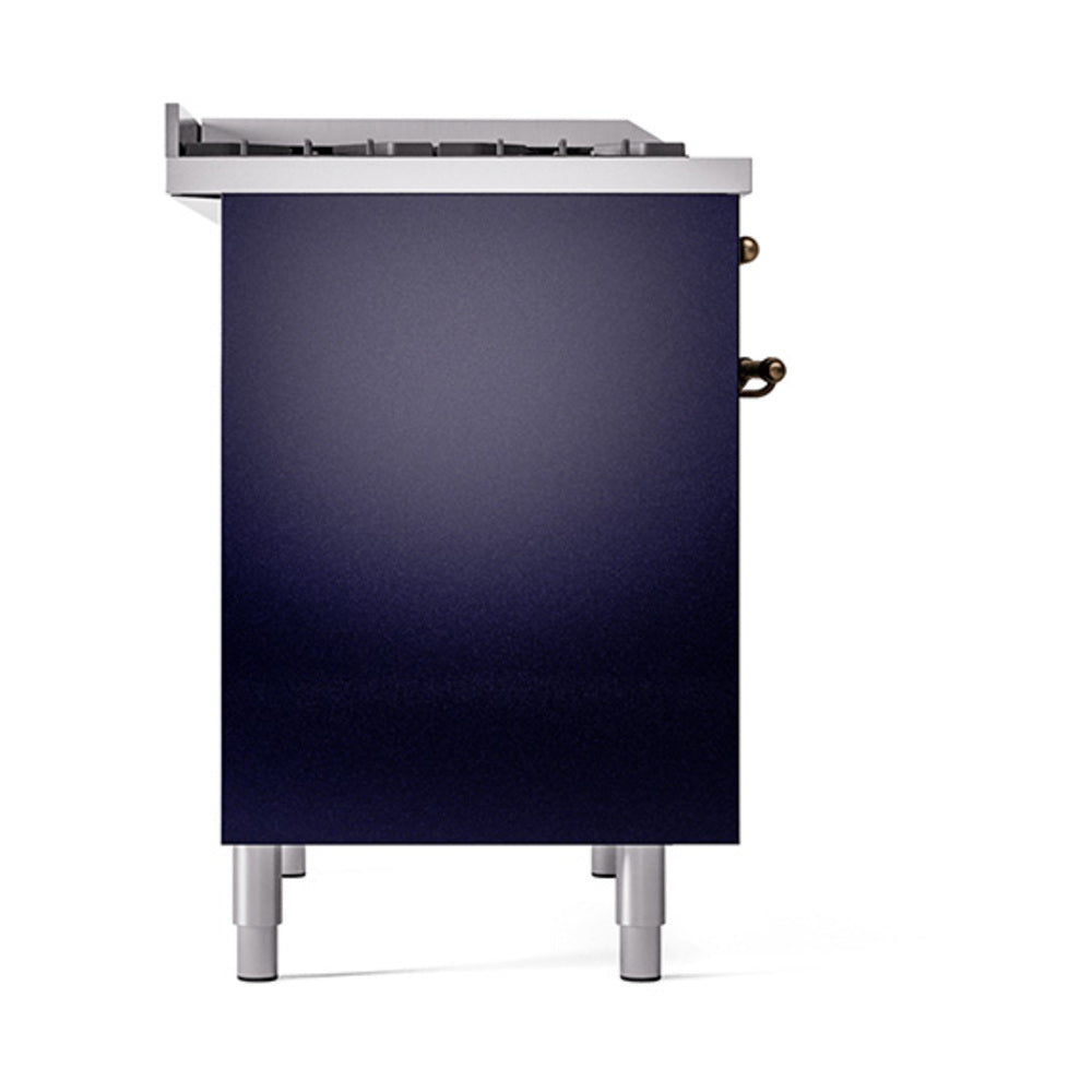 Midnight blue range with solid door oven and griddle top, bronze side handles and feet