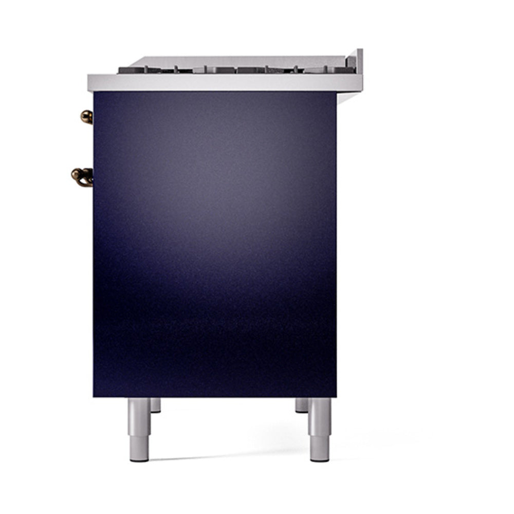 Midnight blue solid door oven section with griddle top, bronze corner hardware and legs