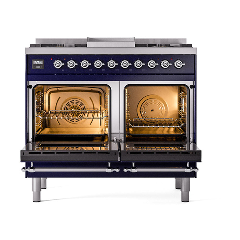 Midnight blue range with two oven doors open, showing interior racks and burners