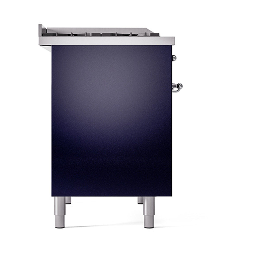Midnight blue solid oven door panel with chrome handle and adjustable feet