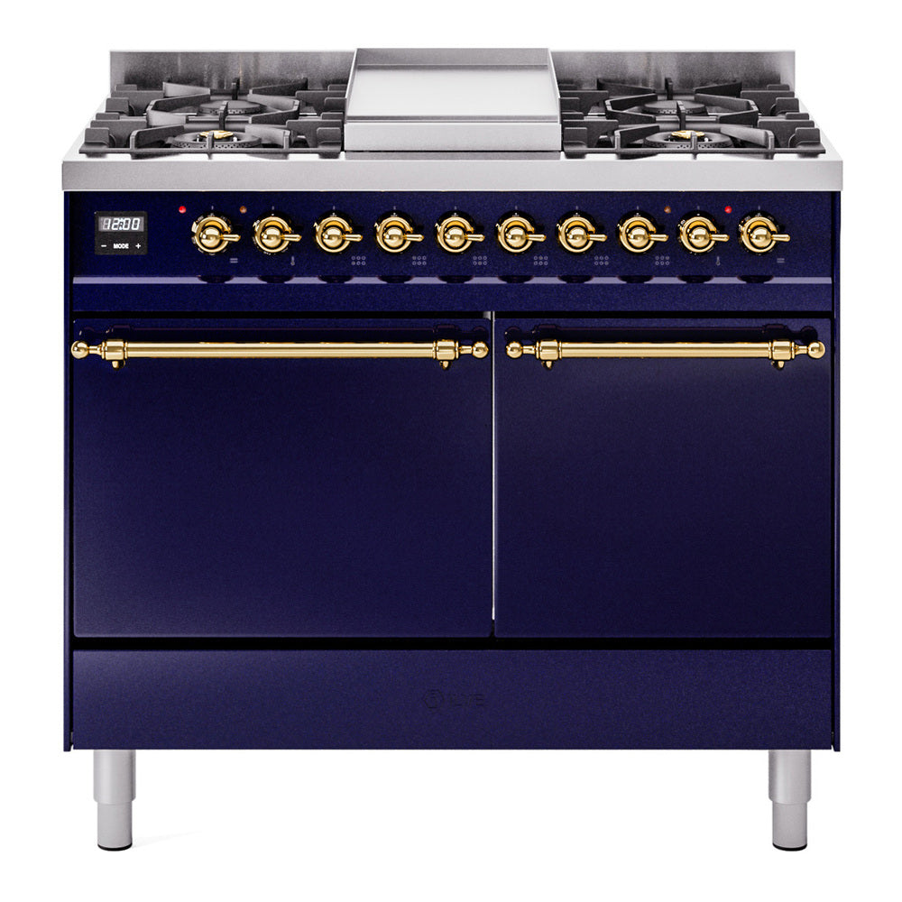 Midnight blue gas range with brass trim, dual oven doors, and control knobs