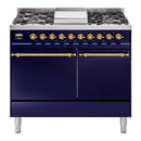 ILVE 40-Inch Nostalgie II Natural Gas Dual Fuel Range with 6 Burners, Griddle and Solid Door Oven in Midnight Blue with Brass Trim (UPD40FQNMPMBG)