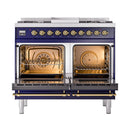ILVE 40-Inch Nostalgie II Propane Gas Dual Fuel Range with 6 Burners, Griddle and Solid Door Oven in Midnight Blue with Brass Trim (UPD40FQNMPMBGLP)