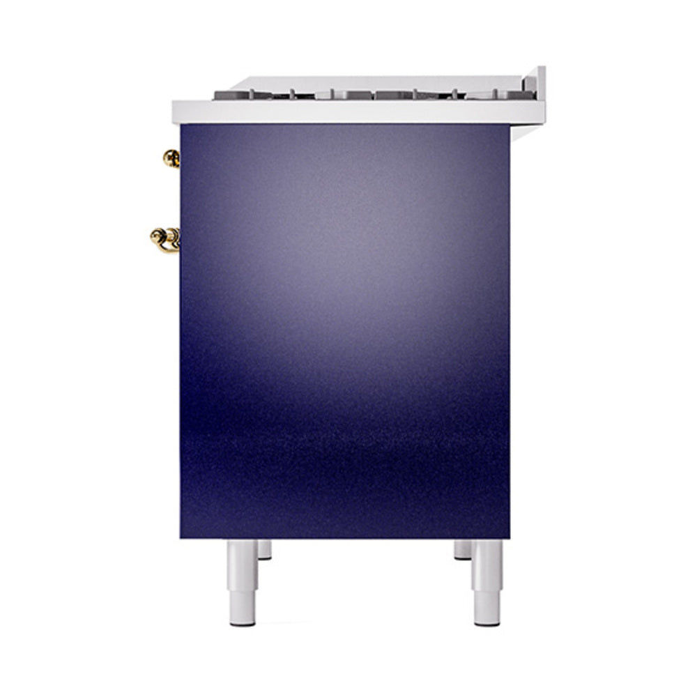 Midnight blue solid door oven panel with brass handles and stainless base legs