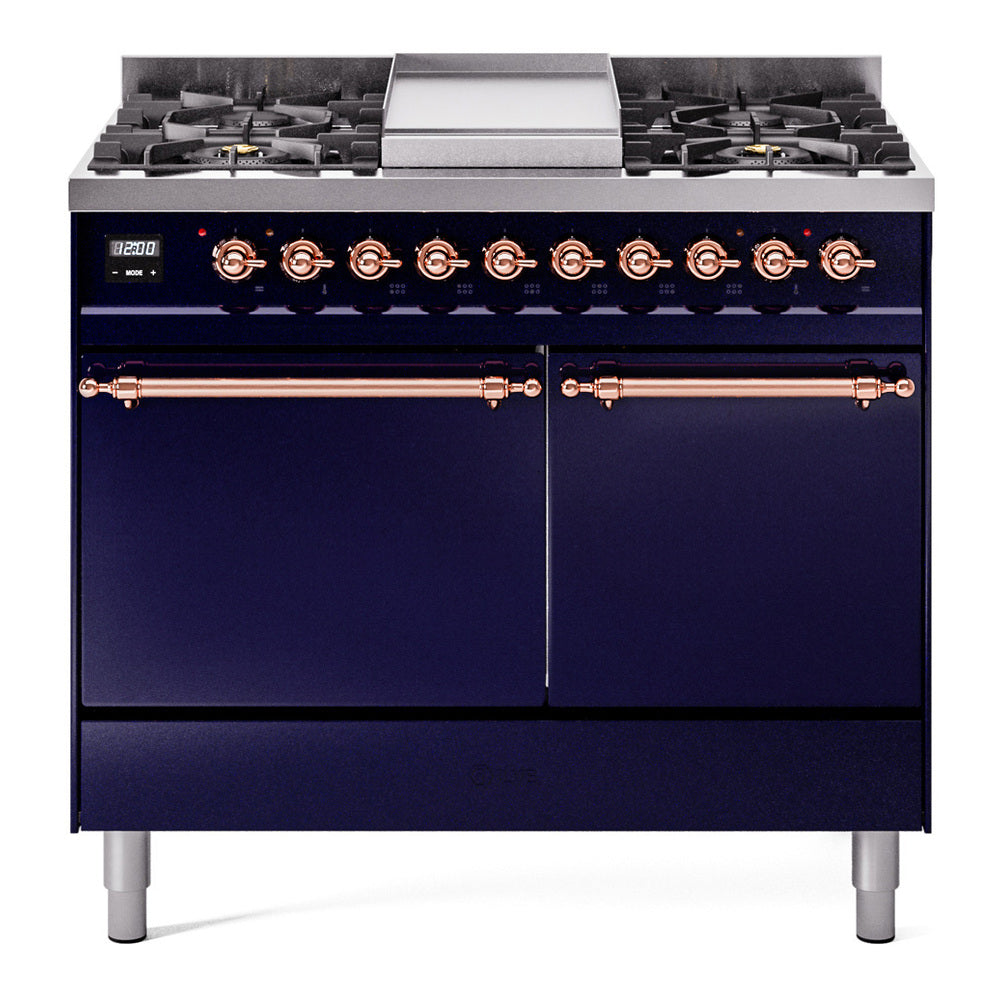 Midnight blue gas dual-fuel range with copper-trim knobs, burner grates and griddle