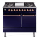 ILVE 40-Inch Nostalgie II Natural Gas Dual Fuel Range with 6 Burners, Griddle and Solid Door Oven in Midnight Blue with Copper Trim (UPD40FQNMPMBP)