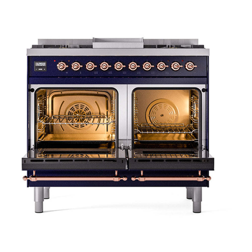 Midnight blue dual-fuel range with open solid door ovens showing racks and burners