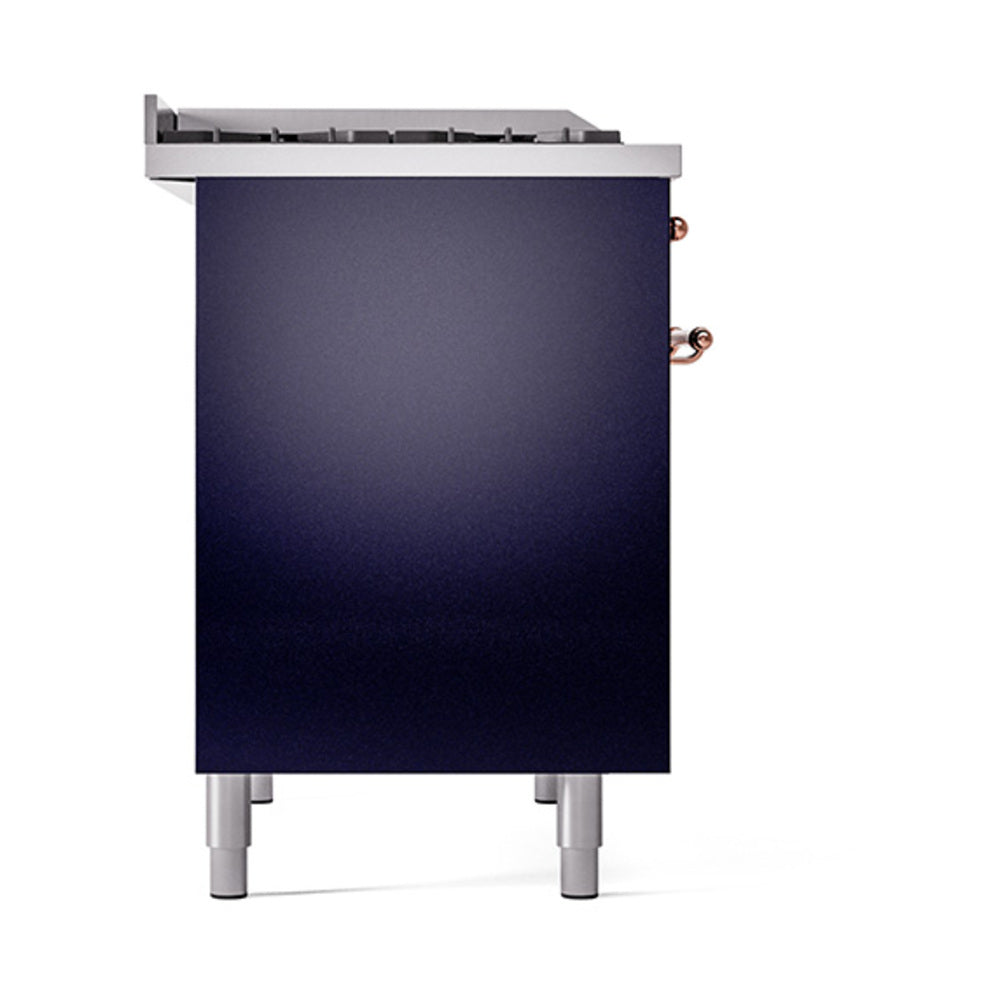 Midnight blue range side panel with stainless top and copper control fittings