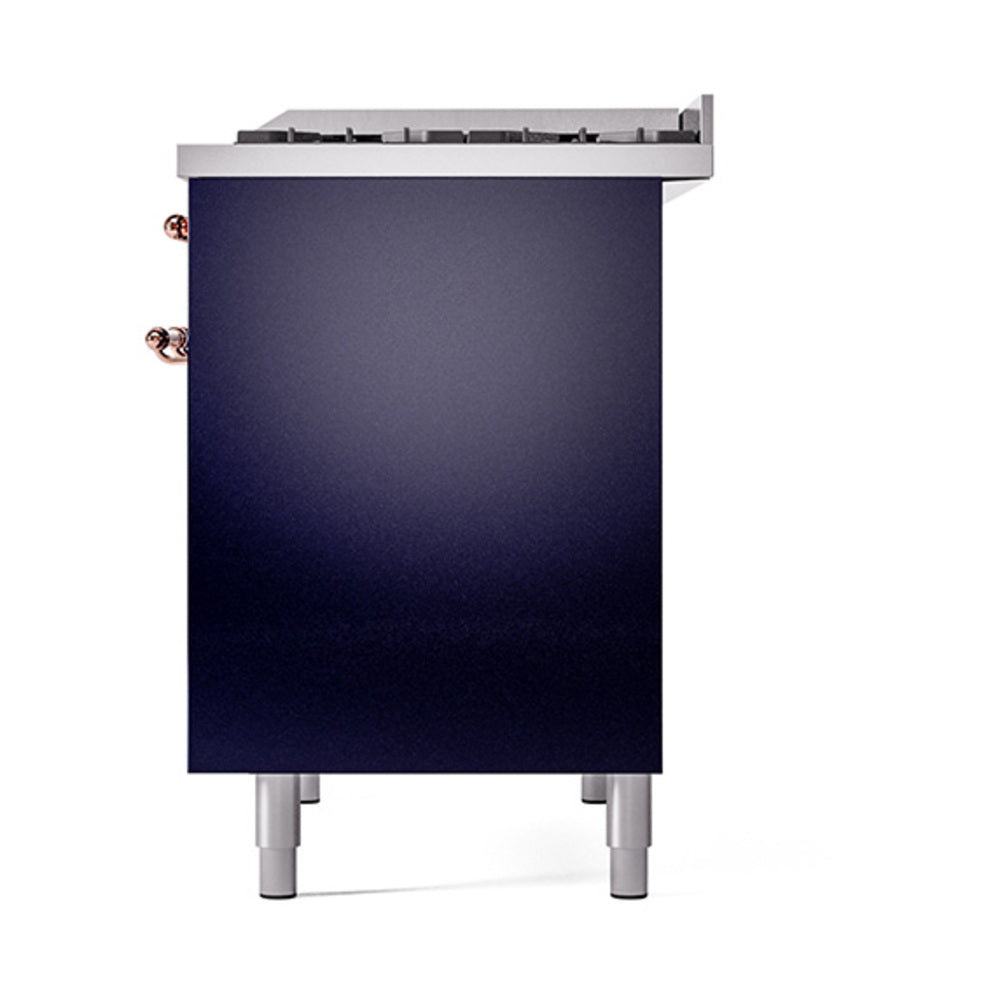 Midnight blue range side view with stainless top and copper valve fittings