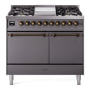 ILVE 40-Inch Nostalgie II Natural Gas Dual Fuel Range with 6 Burners, Griddle and Solid Door Oven in Matte Graphite with Bronze Trim (UPD40FQNMPMGB)
