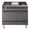 ILVE 40-Inch Nostalgie II Natural Gas Dual Fuel Range with 6 Burners, Griddle and Solid Door Oven in Matte Graphite with Bronze Trim (UPD40FQNMPMGB)