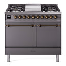 ILVE 40-Inch Nostalgie II Propane Gas Dual Fuel Range with 6 Burners, Griddle and Solid Door Oven in Matte Graphite with Bronze Trim (UPD40FQNMPMGBLP)