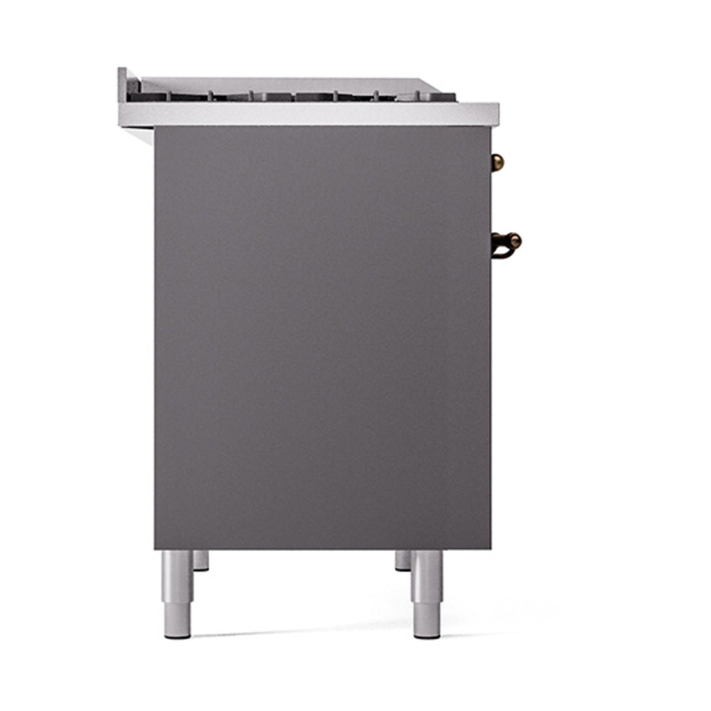 Matte graphite oven side panel with small bronze knobs and four leveling feet