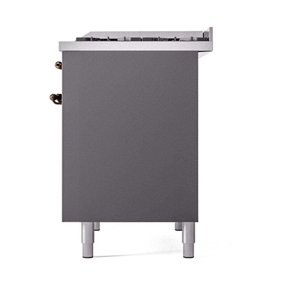 Matte graphite dual-fuel range side panel with bronze-trim knobs and leveling legs