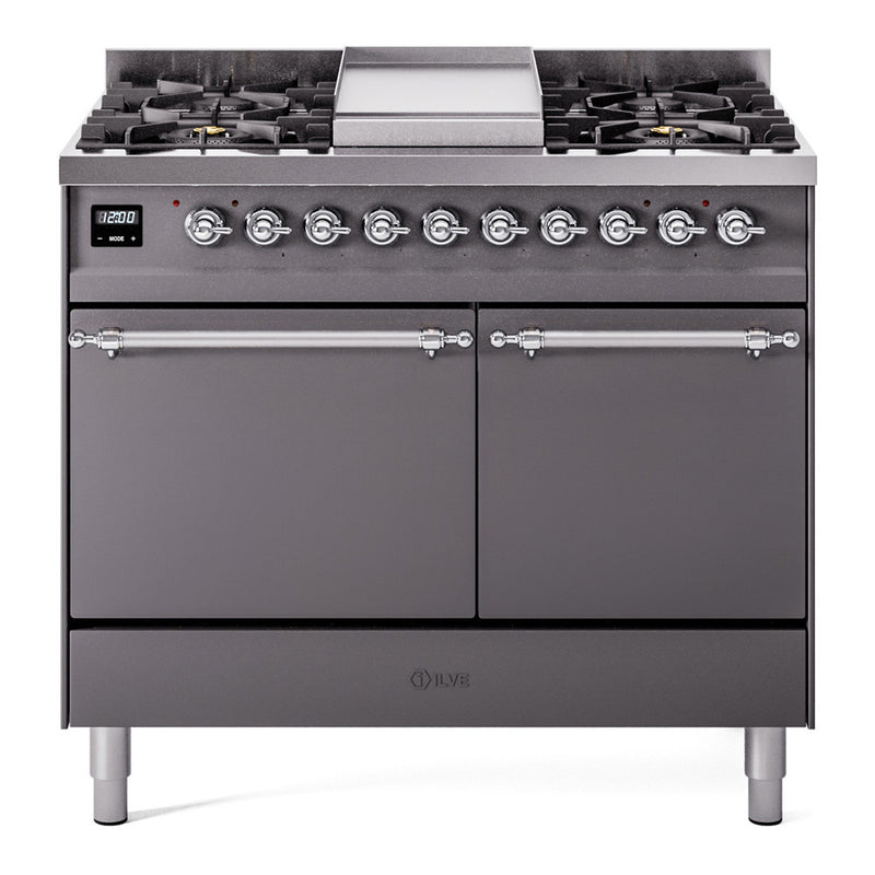 ILVE 40-Inch Nostalgie II Dual Fuel Range with 6 Burners, Griddle and Solid Door Oven in Matte Graphite in Chrome Trim (UPD40FQNMPMGC)