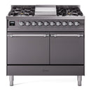 ILVE 40-Inch Nostalgie II Natural Gas Dual Fuel Range with 6 Burners, Griddle and Solid Door Oven in Matte Graphite in Chrome Trim (UPD40FQNMPMGC)