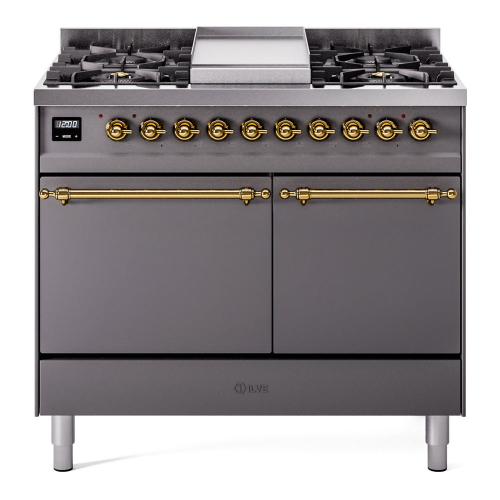 Matte graphite ILVE dual fuel range with brass trim; six burners, center griddle.