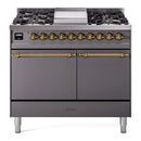 ILVE 40-Inch Nostalgie II Propane Gas Dual Fuel Range with 6 Burners, Griddle and Solid Door Oven in Matte Graphite with Brass Trim (UPD40FQNMPMGGLP)